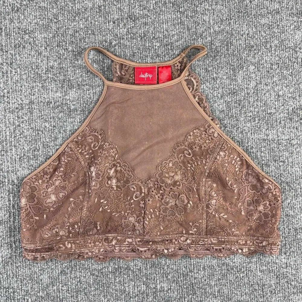 Daytrip Bralette Womens Medium Brown Lace Halter Wireless Lined Pullover Stretch